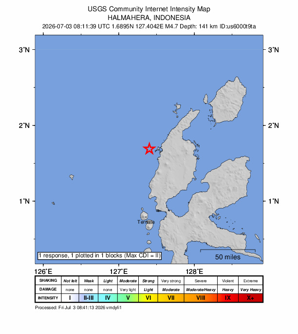 USGS DYFI community-reported intensity map for the M4.7 earthquake near 67 km W of Tobelo, Indonesia