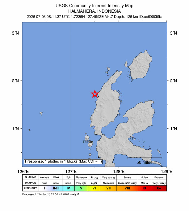 USGS DYFI community-reported intensity map for the M4.7 earthquake near 56 km W of Tobelo, Indonesia
