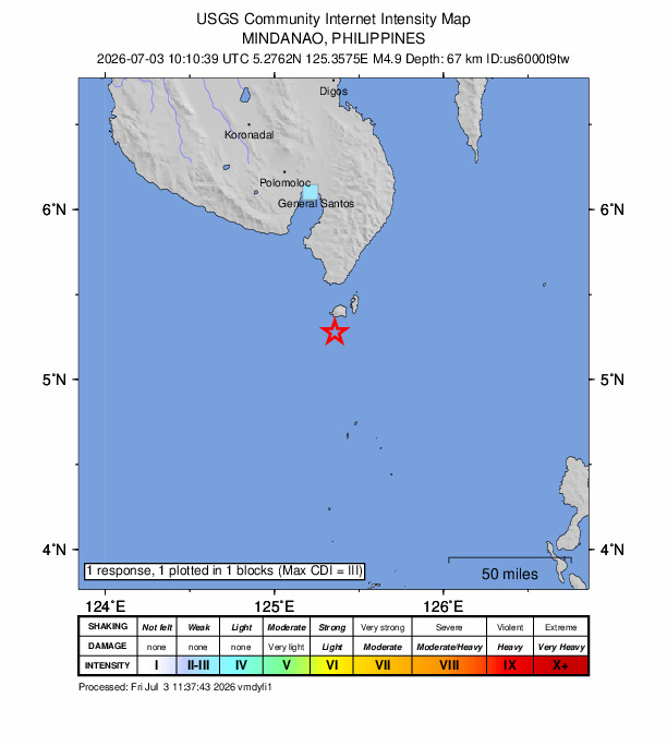 USGS DYFI community-reported intensity map for the M4.9 earthquake near 18 km SW of Sarangani, Philippines