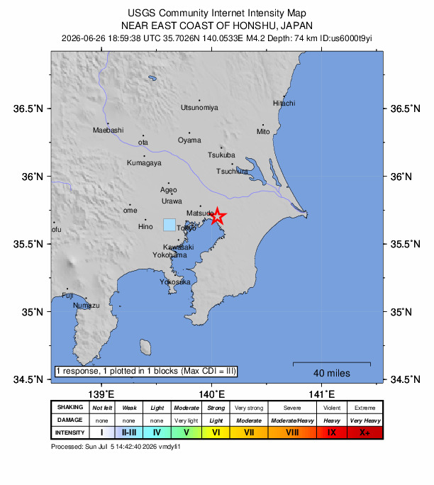USGS DYFI community-reported intensity map for the M4.2 earthquake near 5 km NNW of Kemigawa, Japan