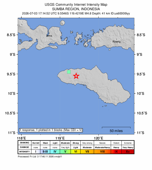 USGS DYFI community-reported intensity map for the M4.8 earthquake near 24 km SE of Tambolaka, Indonesia