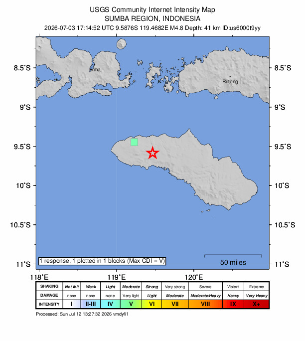 USGS DYFI community-reported intensity map for the M4.8 earthquake near 30 km SE of Tambolaka, Indonesia