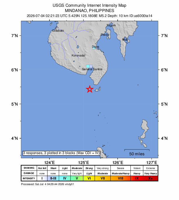 USGS DYFI community-reported intensity map for the M5.2 earthquake near 24 km SW of Balangonan, Philippines