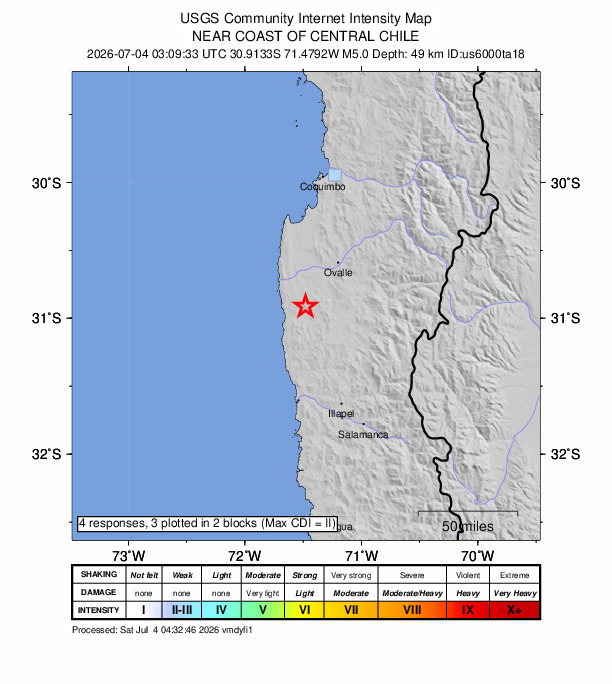 USGS DYFI community-reported intensity map for the M5.0 earthquake near 43 km SW of Ovalle, Chile