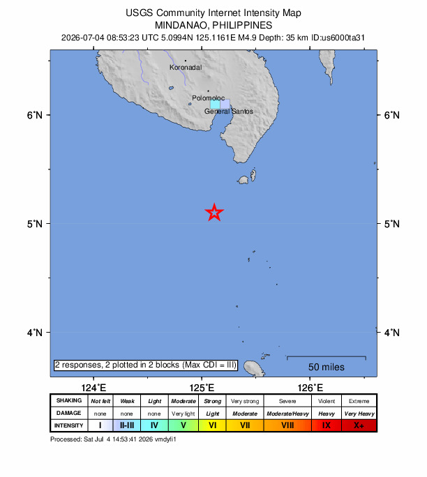 USGS DYFI community-reported intensity map for the M4.9 earthquake near 51 km SW of Sarangani, Philippines