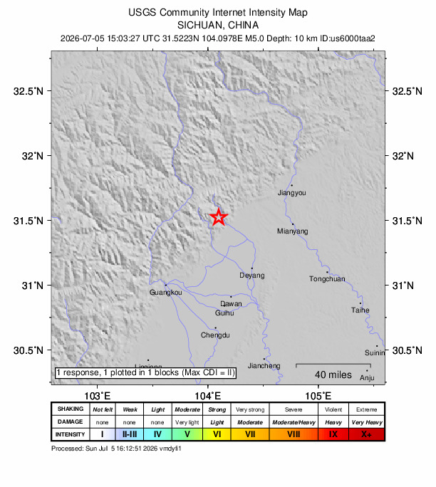 USGS DYFI community-reported intensity map for the M5.0 earthquake near 23 km NNW of Mianzhu, Deyang, Sichuan, China