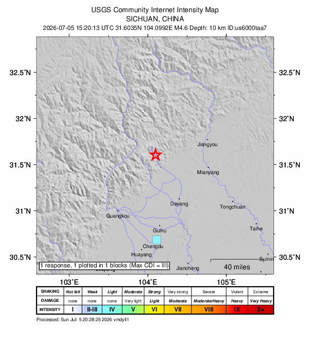 USGS DYFI community-reported intensity map for the M4.6 earthquake near 31 km NNW of Mianzhu, Deyang, Sichuan, China