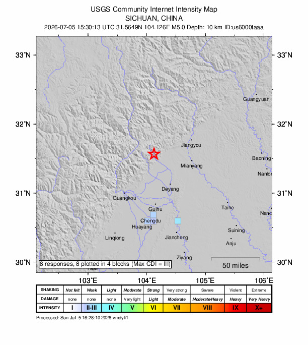 USGS DYFI community-reported intensity map for the M5.0 earthquake near 26 km NNW of Mianzhu, Deyang, Sichuan, China