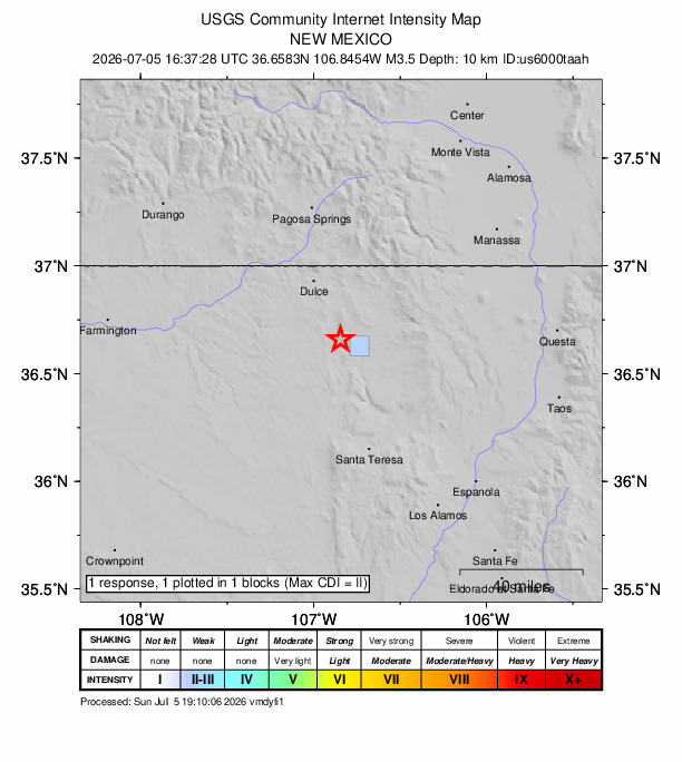 USGS DYFI community-reported intensity map for the M3.5 earthquake near 25 km WSW of Los Ojos, New Mexico
