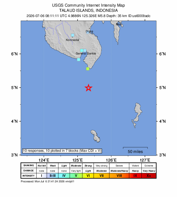 USGS DYFI community-reported intensity map for the M5.8 earthquake near 48 km SSW of Sarangani, Philippines