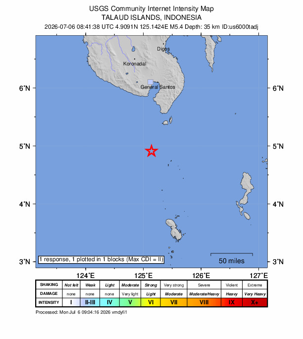 USGS DYFI community-reported intensity map for the M5.4 earthquake near 65 km SSW of Sarangani, Philippines