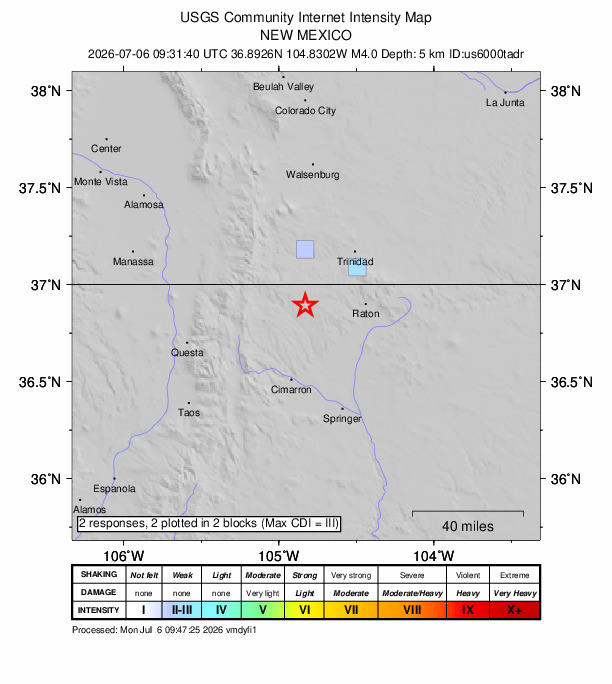 USGS DYFI community-reported intensity map for the M4.0 earthquake near 26 km SSW of Segundo, Colorado