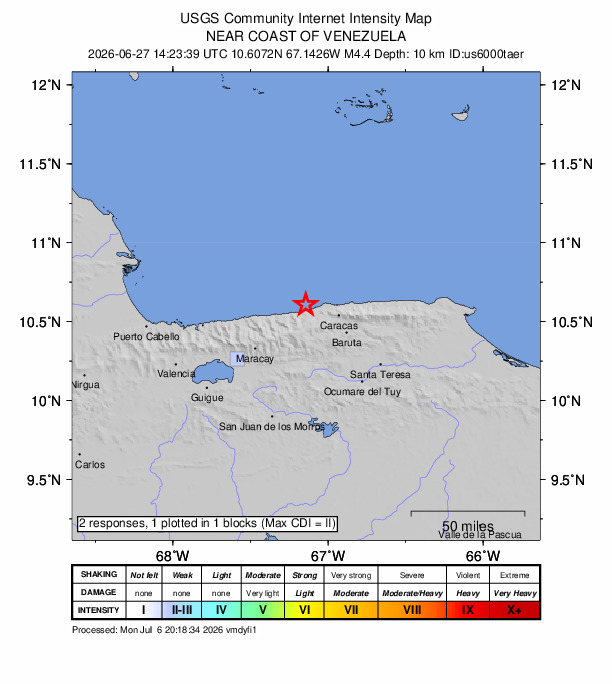 USGS DYFI community-reported intensity map for the M4.4 earthquake near 12 km W of Catia La Mar, Venezuela