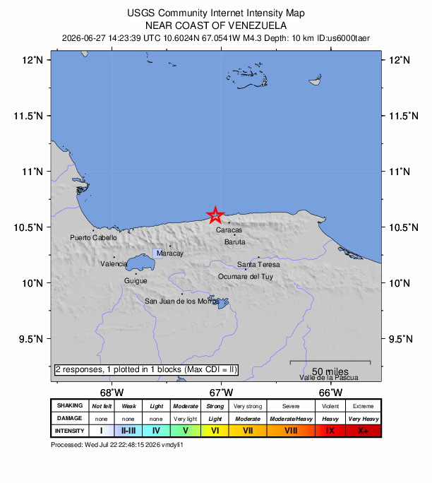 USGS DYFI community-reported intensity map for the M4.3 earthquake near 2 km W of Catia La Mar, Venezuela