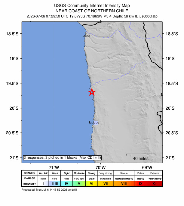 USGS DYFI community-reported intensity map for the M3.4 earthquake near 55 km NW of Huara, Chile