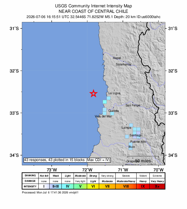 USGS DYFI community-reported intensity map for the M5.1 earthquake near 56 km W of La Ligua, Chile