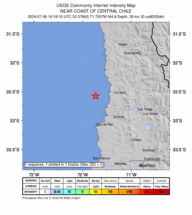 USGS DYFI community-reported intensity map for the M4.8 earthquake near 48 km WSW of La Ligua, Chile
