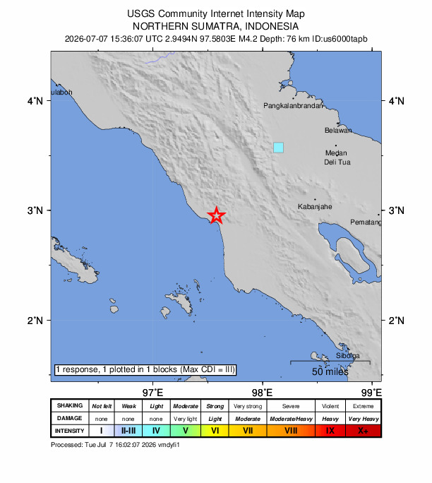 USGS DYFI community-reported intensity map for the M4.2 earthquake near 76 km NNW of Singkil, Indonesia