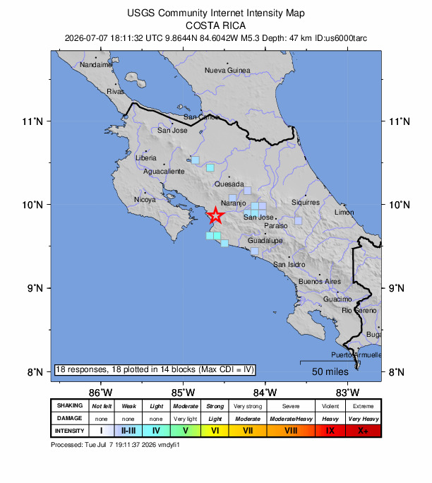 USGS DYFI community-reported intensity map for the M5.3 earthquake near 10 km WSW of Orotina, Costa Rica