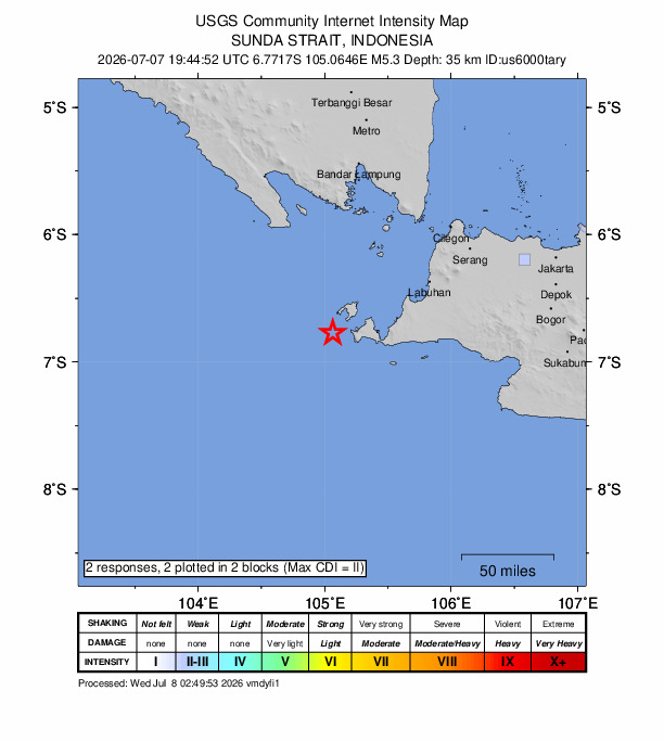 USGS DYFI community-reported intensity map for the M5.3 earthquake near 95 km WSW of Labuan, Indonesia