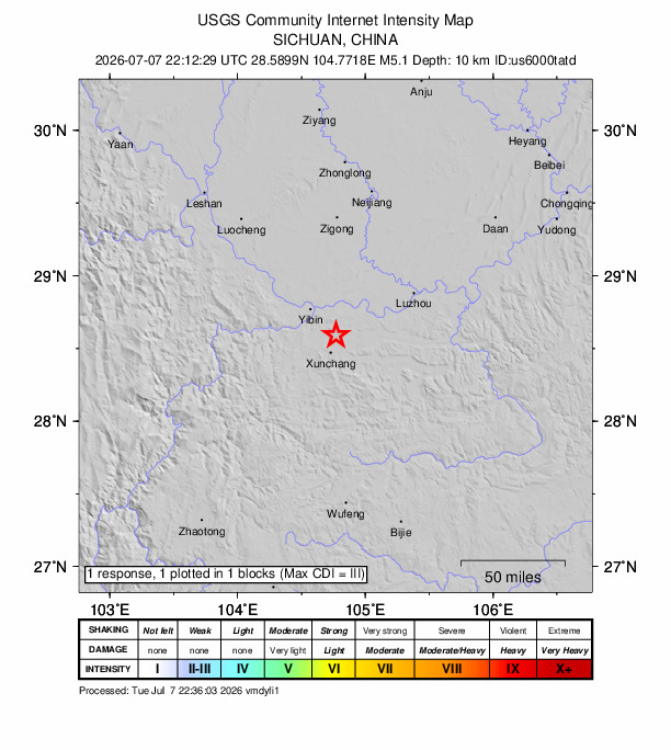 USGS DYFI community-reported intensity map for the M5.1 earthquake near 14 km W of Changning, China