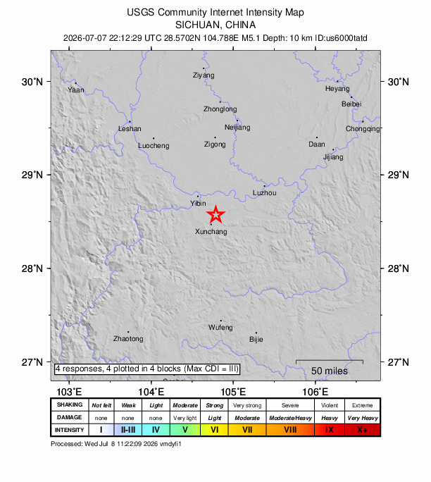 USGS DYFI community-reported intensity map for the M5.1 earthquake near 13 km W of Changning, China