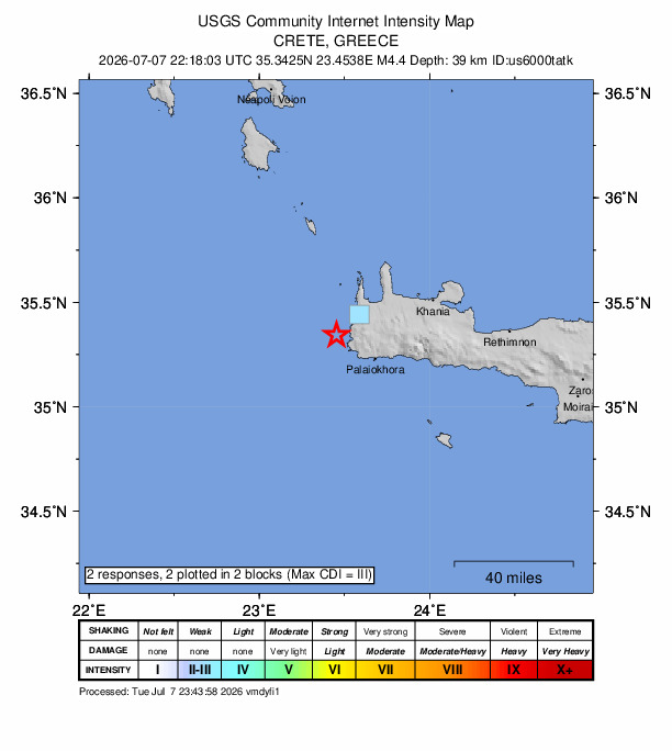 USGS DYFI community-reported intensity map for the M4.4 earthquake near 24 km WNW of Palaióchora, Greece