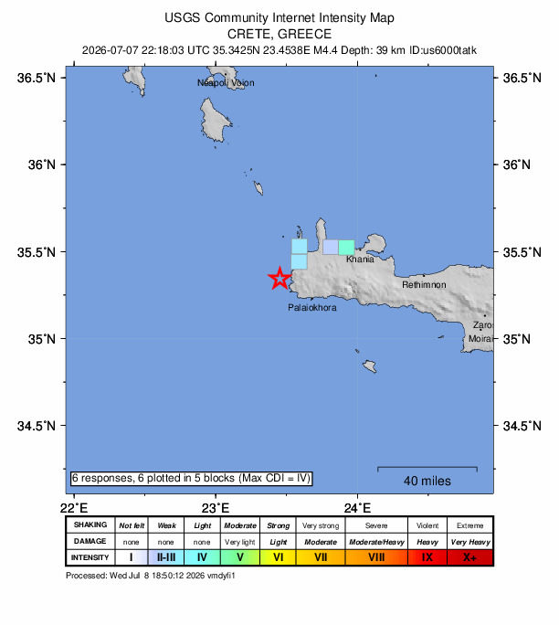 USGS DYFI community-reported intensity map for the M4.4 earthquake near 24 km WNW of Palaióchora, Greece