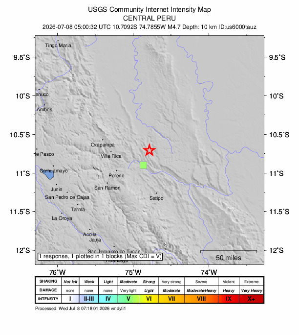 USGS DYFI community-reported intensity map for the M4.7 earthquake near 25 km NNE of Santa Rosa, Peru
