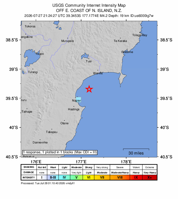 USGS DYFI community-reported intensity map for the M4.2 earthquake near 27 km ENE of Bay View, New Zealand