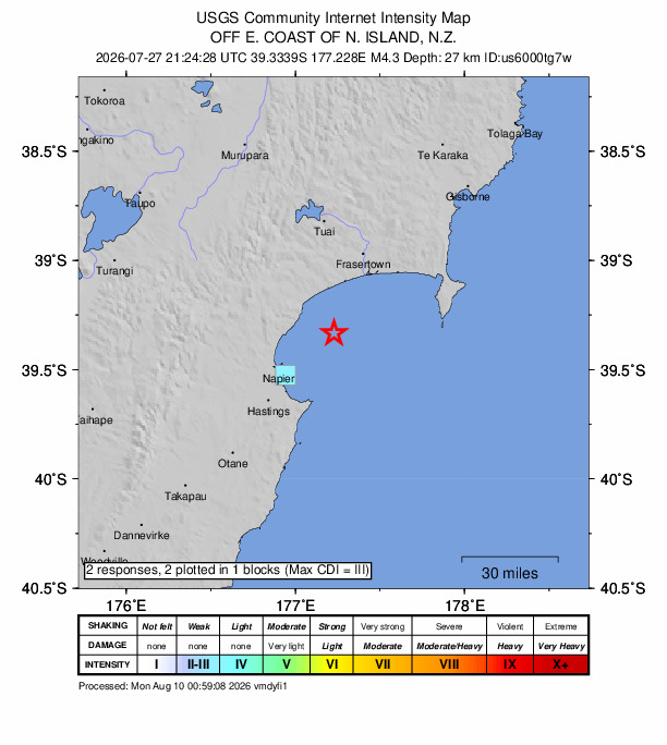 USGS DYFI community-reported intensity map for the M4.3 earthquake near 32 km ENE of Napier, New Zealand