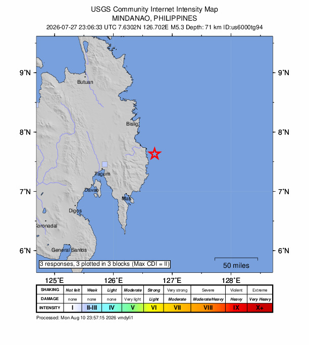 USGS DYFI community-reported intensity map for the M5.3 earthquake near 16 km ENE of Baganga, Philippines