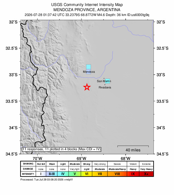 USGS DYFI community-reported intensity map for the M4.6 earthquake near 38 km S of Mendoza, Argentina