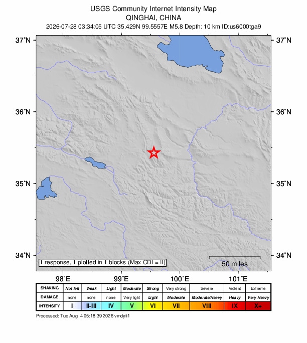 USGS DYFI community-reported intensity map for the M5.8 earthquake near 194 km NW of Oula Xiuma, China