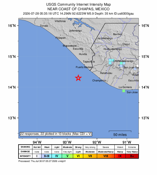 USGS DYFI community-reported intensity map for the M5.9 earthquake near 50 km WSW of Brisas Barra de Suchiate, Mexico