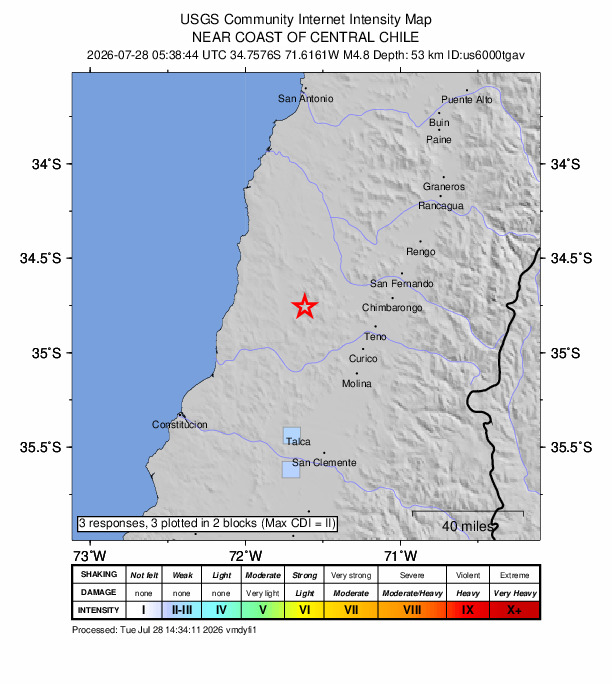 USGS DYFI community-reported intensity map for the M4.8 earthquake near 26 km WSW of Santa Cruz, Chile