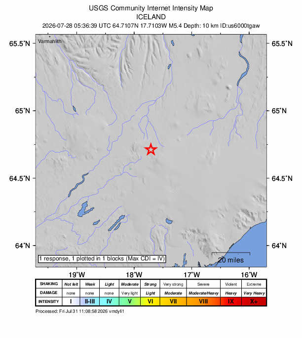 USGS DYFI community-reported intensity map for the M5.4 earthquake near 109 km S of Akureyri, Iceland