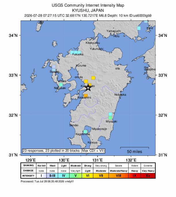 USGS DYFI community-reported intensity map for the M6.8 earthquake near 5 km E of Uto, Japan