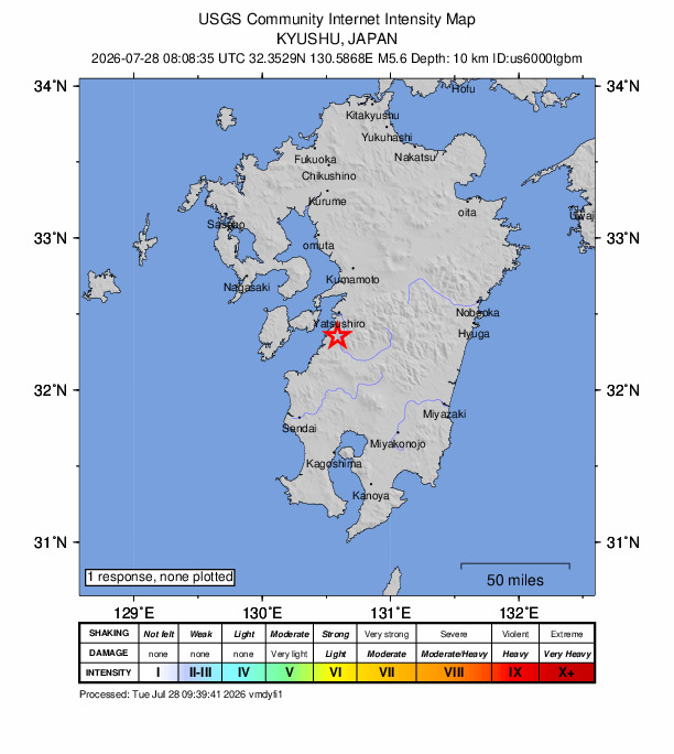USGS DYFI community-reported intensity map for the M5.6 earthquake near 16 km NE of Tsunagi, Japan
