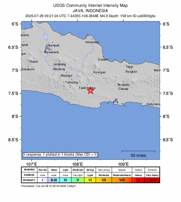 USGS DYFI community-reported intensity map for the M4.9 earthquake near 10 km SE of Kawalu, Indonesia
