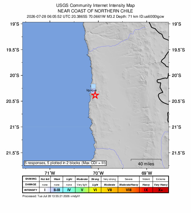 USGS DYFI community-reported intensity map for the M3.2 earthquake near 13 km SSE of La Tirana, Chile