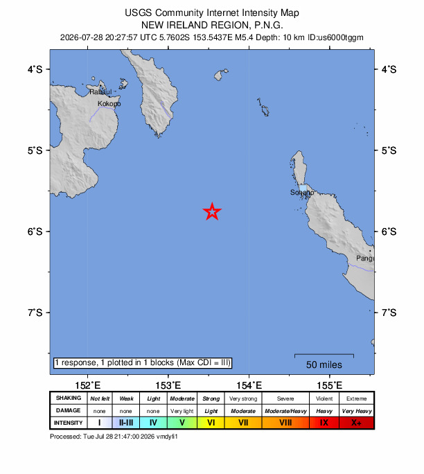 USGS DYFI community-reported intensity map for the M5.4 earthquake near 211 km SE of Kokopo, Papua New Guinea