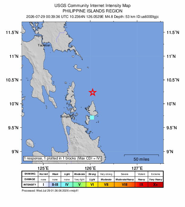 USGS DYFI community-reported intensity map for the M4.8 earthquake near 23 km N of Santa Monica, Philippines