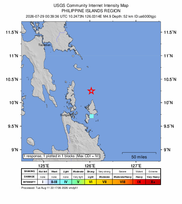 USGS DYFI community-reported intensity map for the M4.9 earthquake near 25 km N of Santa Monica, Philippines