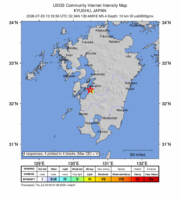 USGS DYFI community-reported intensity map for the M5.4 earthquake near 11 km N of Tsunagi, Japan