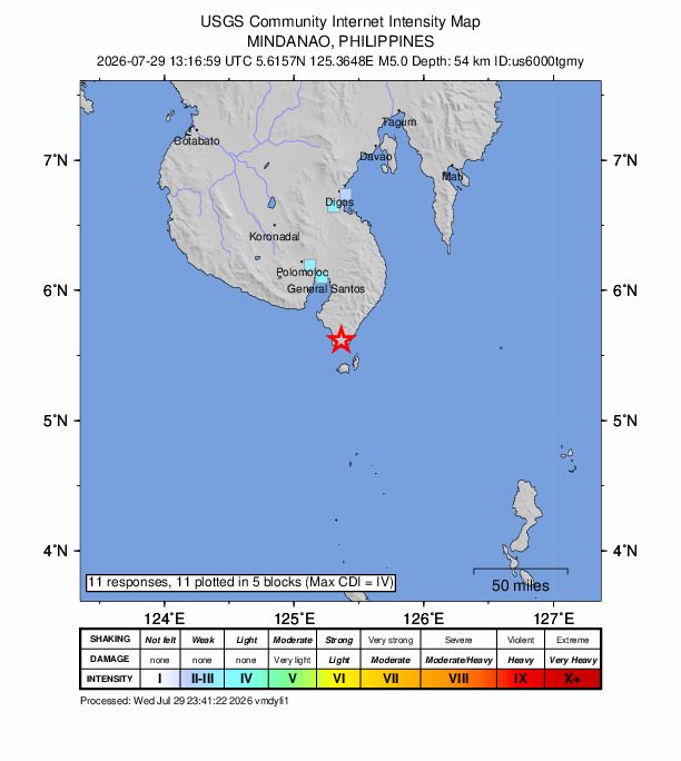 USGS DYFI community-reported intensity map for the M5.0 earthquake near 4 km NNE of Balangonan, Philippines