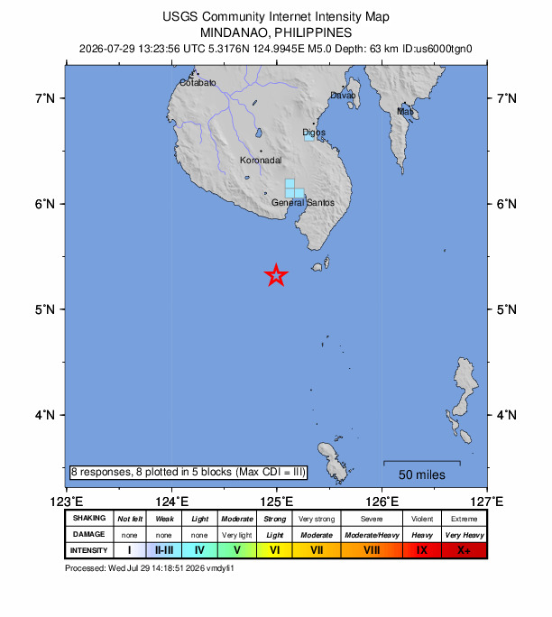 USGS DYFI community-reported intensity map for the M5.0 earthquake near 48 km SW of Balangonan, Philippines