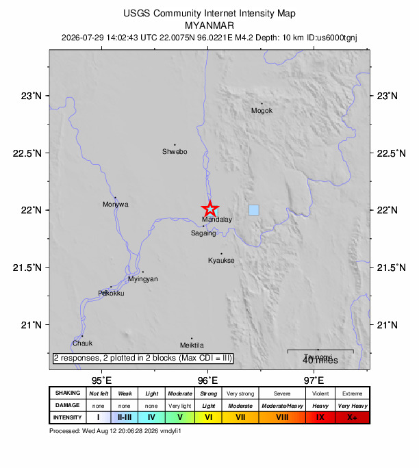 USGS DYFI community-reported intensity map for the M4.2 earthquake near 7 km WNW of Mandalay, Burma (Myanmar)