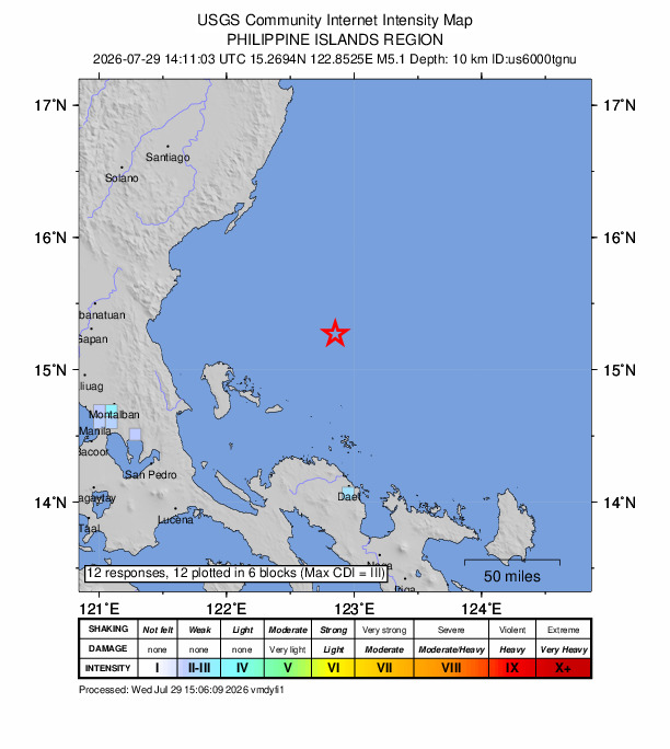 USGS DYFI community-reported intensity map for the M5.1 earthquake near 79 km NE of Casuguran, Philippines
