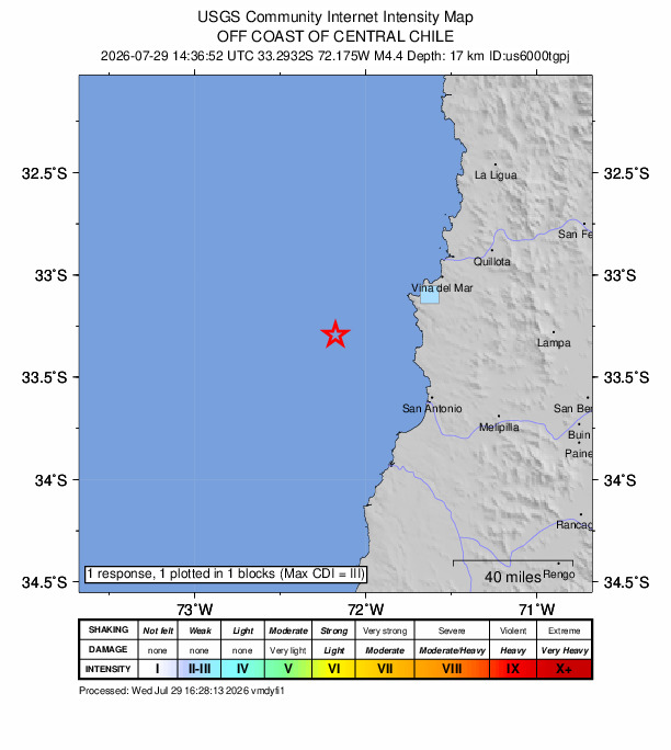 USGS DYFI community-reported intensity map for the M4.4 earthquake near 58 km WSW of Valparaíso, Chile
